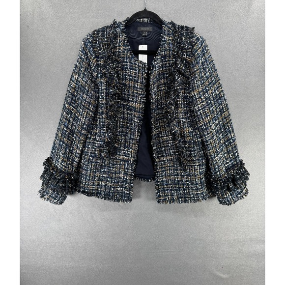 Ann Taylor Blazer Jacket Womens‎ Size 14 Tall Navy Gold  Metallic Boucle Ruffled - Picture 1 of 11